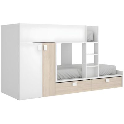 Unique Stapelbed JUANITO - Ingebouwde kast - 2 x 90 x 190 cm - Wit en eiken - Natuurlijk licht, Wit Unique Stapelbed JUANITO - Ingebouwde kast - 2 x 90 x 190 cm - Wit en eiken - Natuurlijk licht, Wit