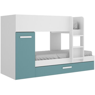 Unique Stapelbed met slaaplade en opbergruimtes 3 x 90 x 190 cm - Wit, naturel en blauw - ANTHONY - Turquoise, Wit Unique Stapelbed met slaaplade en opbergruimtes 3 x 90 x 190 cm - Wit, naturel en blauw - ANTHONY - Turquoise, Wit