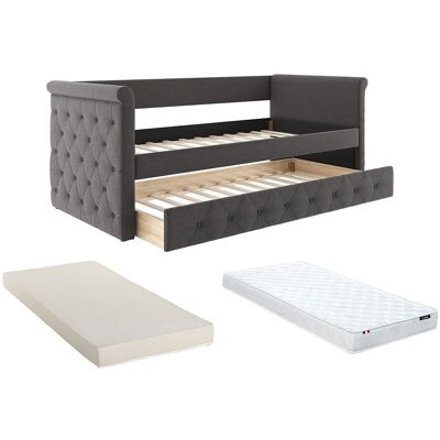 Unique Bed met slaaplade LOUISE - 2 x 90 x 190 cm - Grijze stof + matras - Grijs Unique Bed met slaaplade LOUISE - 2 x 90 x 190 cm - Grijze stof + matras - Grijs