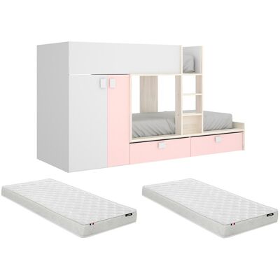 Unique Stapelbed met ingebouwde kast en opbergruimte 2x90x190cm - Wit, eiken en roze + Matras -JUANITO - Poederroze, Wit Unique Stapelbed met ingebouwde kast en opbergruimte 2x90x190cm - Wit, eiken en roze + Matras -JUANITO - Poederroze, Wit