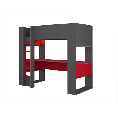 Unique Hoogslaper gamer NOAH met bureau en opbergruimtes - 90 x 200 cm - met leds - Antraciet en rood - Antracietgrijs, Rood Unique Hoogslaper gamer NOAH met bureau en opbergruimtes - 90 x 200 cm - met leds - Antraciet en rood - Antracietgrijs, Rood