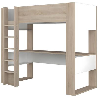 Unique Hoogslaper met ingebouwd bureau en opbergruimte - 90x200 cm - Eiken en wit - NOAH II - Natuurlijk licht, Wit Unique Hoogslaper met ingebouwd bureau en opbergruimte - 90x200 cm - Eiken en wit - NOAH II - Natuurlijk licht, Wit