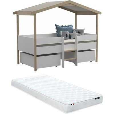 Unique Hutbed SAROSI met laden - 90 x 190cm - Linden - Wit en eiken + matras - Natuurlijk licht, Wit Unique Hutbed SAROSI met laden - 90 x 190cm - Linden - Wit en eiken + matras - Natuurlijk licht, Wit
