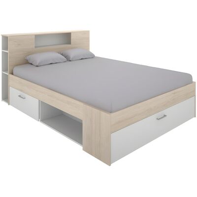 Unique Bed met hoofdeinde, opbergruimte en lades - 140 x 190 cm - Wit en naturel - LEANDRE - Natuurlijk licht, Wit Unique Bed met hoofdeinde, opbergruimte en lades - 140 x 190 cm - Wit en naturel - LEANDRE - Natuurlijk licht, Wit