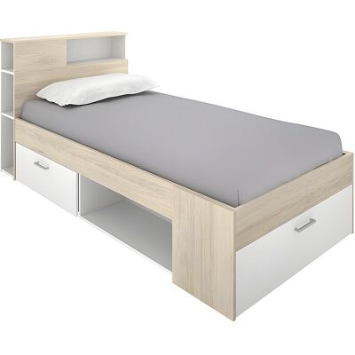 Unique Bed en hoofdeinde met opbergruimtes en lade - 90 x 190 cm - Wit en naturel - LEANDRE - Natuurlijk licht, Wit Unique Bed en hoofdeinde met opbergruimtes en lade - 90 x 190 cm - Wit en naturel - LEANDRE - Natuurlijk licht, Wit