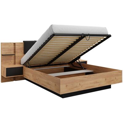 Unique Bed met opbergruimte en nachtkastjes - 160 x 200 cm - ledverlichting - Kleuren: houteffect en antraciet - ELYNIA - Antracietgrijs, Natuurlijk licht Unique Bed met opbergruimte en nachtkastjes - 160 x 200 cm - ledverlichting - Kleuren: houteffect en antraciet - ELYNIA - Antracietgrijs, Natuurlijk licht