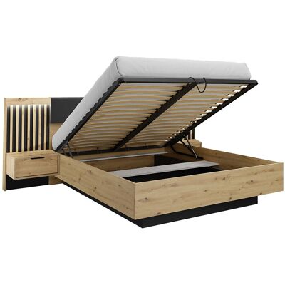 Unique Bed met opbergruimtes met nachtkastjes 160 x 200 cm - Met ledverlichting - Kleur: naturel en zwart - ARIADA - Zwart, Natuurlijk licht Unique Bed met opbergruimtes met nachtkastjes 160 x 200 cm - Met ledverlichting - Kleur: naturel en zwart - ARIADA - Zwart, Natuurlijk licht