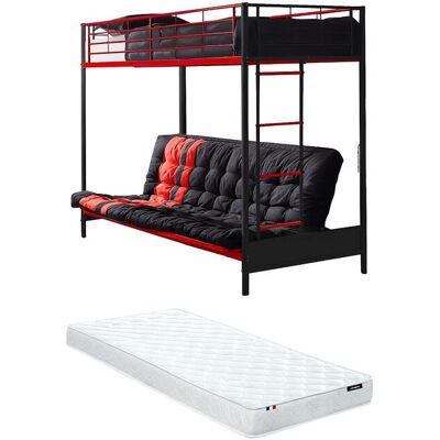Unique Hoogslaper 90 x 190 cm - Met slaapbank - Metaal - Zwart en Rood + Futon + Matras - MODULO V - Zwart, Rood Unique Hoogslaper 90 x 190 cm - Met slaapbank - Metaal - Zwart en Rood + Futon + Matras - MODULO V - Zwart, Rood