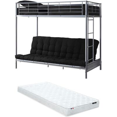 Unique Hoogslaper 90 x 190 cm met uitklapbare bank - Zilverkleurig metaal + Futon + Matras - MODULO V - Zilverkleurig Unique Hoogslaper 90 x 190 cm met uitklapbare bank - Zilverkleurig metaal + Futon + Matras - MODULO V - Zilverkleurig