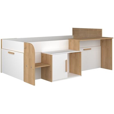 Unique Combinatiebed 90 x 200 cm met bureau en opbergruimte - Kleur: Wit en naturel - PEDRO - Natuurlijk licht, Wit Unique Combinatiebed 90 x 200 cm met bureau en opbergruimte - Kleur: Wit en naturel - PEDRO - Natuurlijk licht, Wit