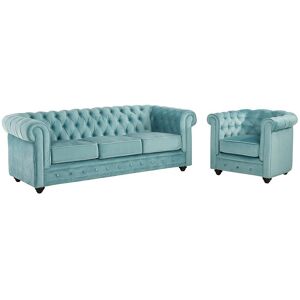 Unique Driezitsbank en fauteuil CHESTERFIELD - velours - pastelblauw - Blauwe lucht Unique Driezitsbank en fauteuil CHESTERFIELD - velours - pastelblauw - Blauwe lucht