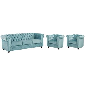 Unique Driezitsbank en 2 fauteuils CHESTERFIELD - velours - pastelblauw - Blauwe lucht Unique Driezitsbank en 2 fauteuils CHESTERFIELD - velours - pastelblauw - Blauwe lucht