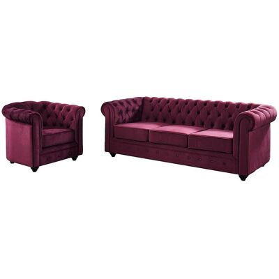 Unique Driezitsbank en fauteuil CHESTERFIELD - velours - paars - Bordeaux Unique Driezitsbank en fauteuil CHESTERFIELD - velours - paars - Bordeaux