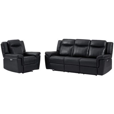 Unique Elektrische driezits relaxbank en -fauteuil van leer KENNETH - Zwart - Zwart Unique Elektrische driezits relaxbank en -fauteuil van leer KENNETH - Zwart - Zwart