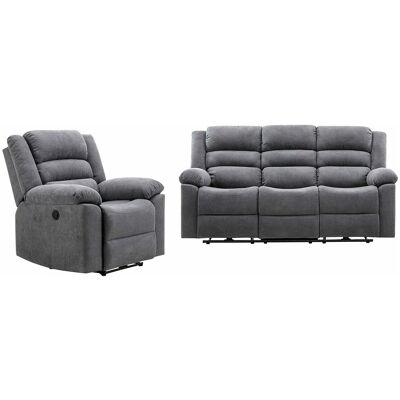 Unique Elektrische driezits-relaxbank en relaxfauteuil van grijze stof BUROLO - Grijs Unique Elektrische driezits-relaxbank en relaxfauteuil van grijze stof BUROLO - Grijs