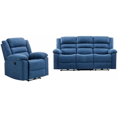 Unique Elektrische driezits-relaxbank en -fauteuil van blauwe stoffen bekleding BUROLO - Blauw Unique Elektrische driezits-relaxbank en -fauteuil van blauwe stoffen bekleding BUROLO - Blauw