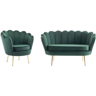 Unique Zitbank 2 personen en fauteuil in schelpvorm in dennengroen fluweel DANDELION - Dennengroen Unique Zitbank 2 personen en fauteuil in schelpvorm in dennengroen fluweel DANDELION - Dennengroen