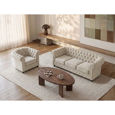 Unique Zitbank met 3 plaatsen en fauteuil in beige fluweel CHESTERFIELD - Beige Unique Zitbank met 3 plaatsen en fauteuil in beige fluweel CHESTERFIELD - Beige