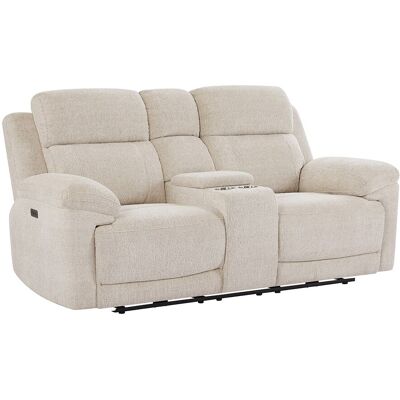 Unique Elektrische relax-tweezitsbank met plankje van beige gechineerde stof KELUNO - Beige Unique Elektrische relax-tweezitsbank met plankje van beige gechineerde stof KELUNO - Beige