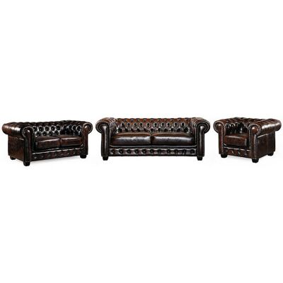 Unique Driezits- en tweezitsbank en fauteuil Chesterfield BRENTON 100% buffelleer - Bruin met donkerbruine weerschijn - Donkerbruin Unique Driezits- en tweezitsbank en fauteuil Chesterfield BRENTON 100% buffelleer - Bruin met donkerbruine weerschijn - Donkerbruin