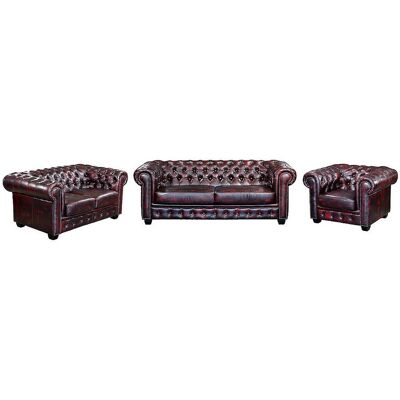 Unique Driezits- en tweezitsbank en fauteuil Chesterfield BRENTON 100% buffelleer - Cherry - Bordeaux Unique Driezits- en tweezitsbank en fauteuil Chesterfield BRENTON 100% buffelleer - Cherry - Bordeaux