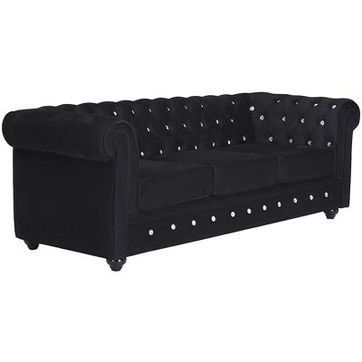 Unique Driezitsbank CHESTERFIELD - velours - zwart met kristallen knopen - Zwart Unique Driezitsbank CHESTERFIELD - velours - zwart met kristallen knopen - Zwart