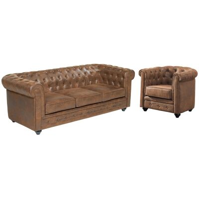 Unique Driezitsbank en fauteuil CHESTERFIELD van microvezel met vintage look - Bruin Unique Driezitsbank en fauteuil CHESTERFIELD van microvezel met vintage look - Bruin