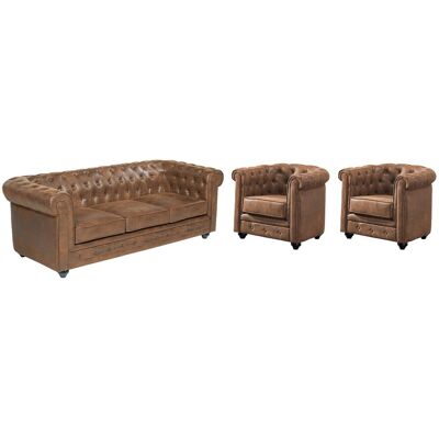 Unique Driezitsbank en 2 fauteuils CHESTERFIELD van microvezel met vintage look - Bruin Unique Driezitsbank en 2 fauteuils CHESTERFIELD van microvezel met vintage look - Bruin