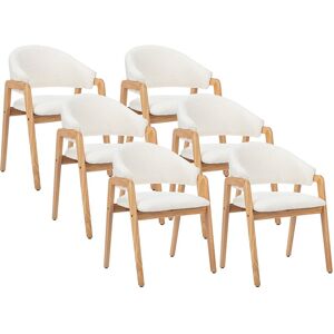 Unique Set van 6 stoelen met armleuningen van boucléstof en heveahout - Wit - SOLUNA - Wit Unique Set van 6 stoelen met armleuningen van boucléstof en heveahout - Wit - SOLUNA - Wit