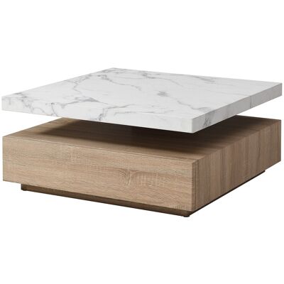 Unique Draaiende salontafel met 1 lade in MDF - Zwarte marmereffect en houteffect - KYRIA - Natuurlijk licht, Wit Unique Draaiende salontafel met 1 lade in MDF - Zwarte marmereffect en houteffect - KYRIA - Natuurlijk licht, Wit