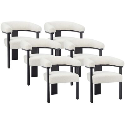 Unique Set van 6 stoelen met armleuningen van boucléstof en heveahout - Wit en zwart - LIVELIA - Zwart, Wit Unique Set van 6 stoelen met armleuningen van boucléstof en heveahout - Wit en zwart - LIVELIA - Zwart, Wit