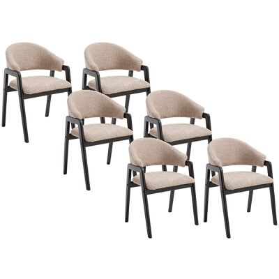 Unique Set van 6 stoelen met armleuningen in boucléstof en rubberhout - Taupe en zwart - SOLUNA - Taupe Unique Set van 6 stoelen met armleuningen in boucléstof en rubberhout - Taupe en zwart - SOLUNA - Taupe