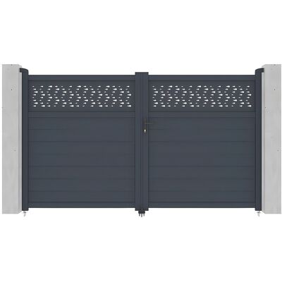Unique Draaipoort van aluminium met motieven - Halfopengewerkt - L305 x H182 cm - Antraciet - BAZIO - Antracietgrijs Unique Draaipoort van aluminium met motieven - Halfopengewerkt - L305 x H182 cm - Antraciet - BAZIO - Antracietgrijs