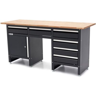 HBM werkbank 171 cm met 6 laden en deur, massief houten werkblad, zwart HBM werkbank 171 cm met 6 laden en deur, massief houten werkblad, zwart