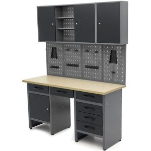 HBM werkbank 160 cm met 6 laden, kastenwand en achterwand, zwart, grijs HBM werkbank 160 cm met 6 laden, kastenwand en achterwand, zwart, grijs