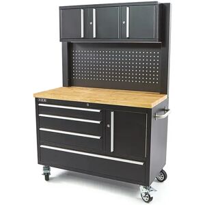 HBM werkbank 122 cm met 4 laden, kastenwand en achterwand, houten werkblad, zwart HBM werkbank 122 cm met 4 laden, kastenwand en achterwand, houten werkblad, zwart