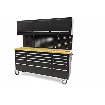 HBM werkbank 182 cm met 15 laden, kastenwand en achterwand, houten werkblad, zwart HBM werkbank 182 cm met 15 laden, kastenwand en achterwand, houten werkblad, zwart