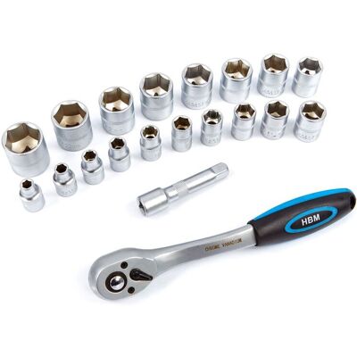 HBM 3/8 inch Professionele Ratel inclusief 18 doppen en verlengstuk HBM 3/8 inch Professionele Ratel inclusief 18 doppen en verlengstuk