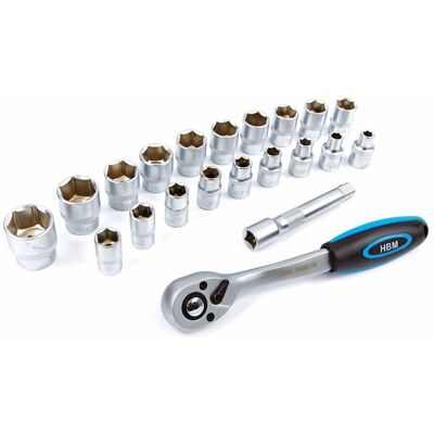HBM 1/2 inch Professionele Ratel inclusief 19 doppen en verlengstuk HBM 1/2 inch Professionele Ratel inclusief 19 doppen en verlengstuk