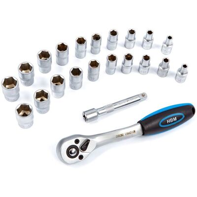 HBM 1/4 inch Professionele Ratel inclusief 20 doppen en verlengstuk HBM 1/4 inch Professionele Ratel inclusief 20 doppen en verlengstuk