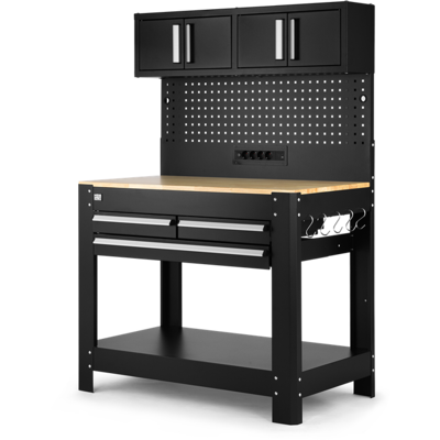HBM werkbank 114 cm met 3 laden, kastenwand en achterwand, zwart HBM werkbank 114 cm met 3 laden, kastenwand en achterwand, zwart