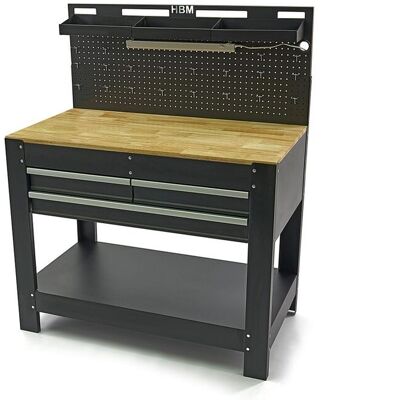 HBM werkbank 115 cm met 3 laden, houten werkblad en achterwand, zwart HBM werkbank 115 cm met 3 laden, houten werkblad en achterwand, zwart