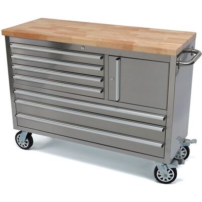 HBM gereedschapswagen met houten werkblad, 122 cm, RVS HBM gereedschapswagen met houten werkblad, 122 cm, RVS