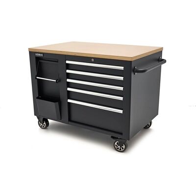 HBM verrijdbare gereedschapswagen, werkbank 114 cm met houten werkblad, zwart HBM verrijdbare gereedschapswagen, werkbank 114 cm met houten werkblad, zwart