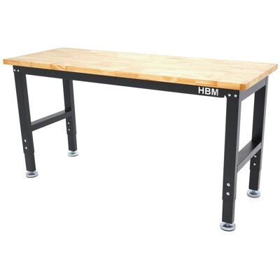 HBM werkbank 152 cm in hoogte verstelbaar, massief houten werkblad, zwart HBM werkbank 152 cm in hoogte verstelbaar, massief houten werkblad, zwart