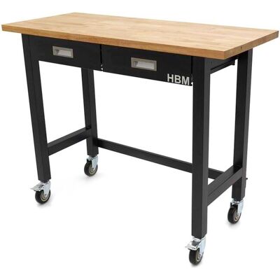 HBM werkbank 122 cm verrijdbaar met 2 laden, massief houten werkblad, zwart HBM werkbank 122 cm verrijdbaar met 2 laden, massief houten werkblad, zwart