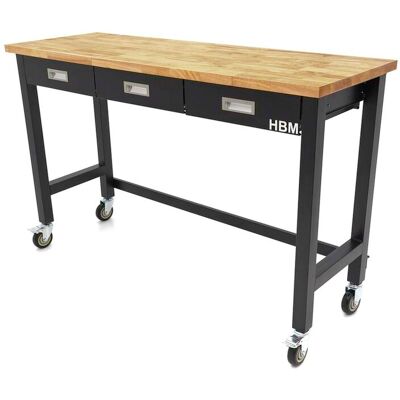 HBM werkbank 152 cm verrijdbaar met 3 laden, massief houten werkblad, zwart HBM werkbank 152 cm verrijdbaar met 3 laden, massief houten werkblad, zwart
