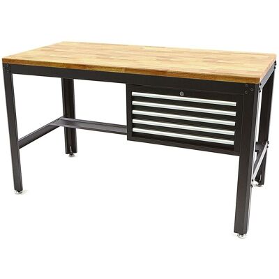 HBM werkbank 155 cm met 5 laden, houten werkblad, zwart HBM werkbank 155 cm met 5 laden, houten werkblad, zwart