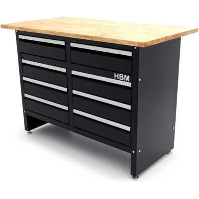 HBM werkbank 120 cm met 8 laden, massief houten werkblad, zwart HBM werkbank 120 cm met 8 laden, massief houten werkblad, zwart