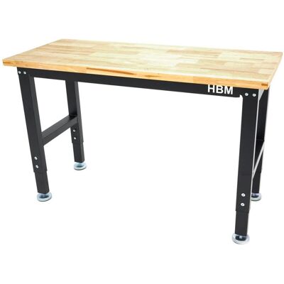 HBM werkbank 122 cm in hoogte verstelbaar, massief houten werkblad, zwart HBM werkbank 122 cm in hoogte verstelbaar, massief houten werkblad, zwart